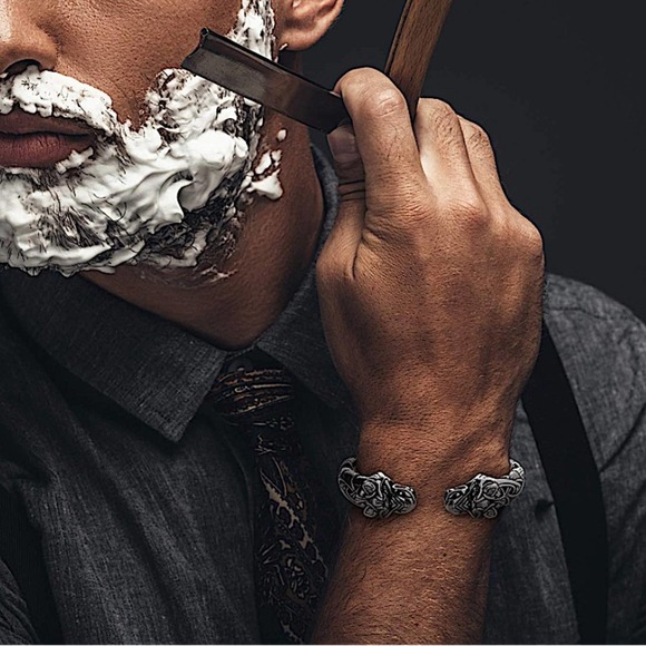 Silver Wolf Head Viking Norse Knotwork Cuff Bangle Bracelet - Picture 3 of 12